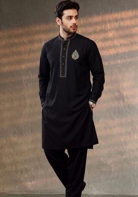 Black Embroidered Cotton Kurta Set For Men