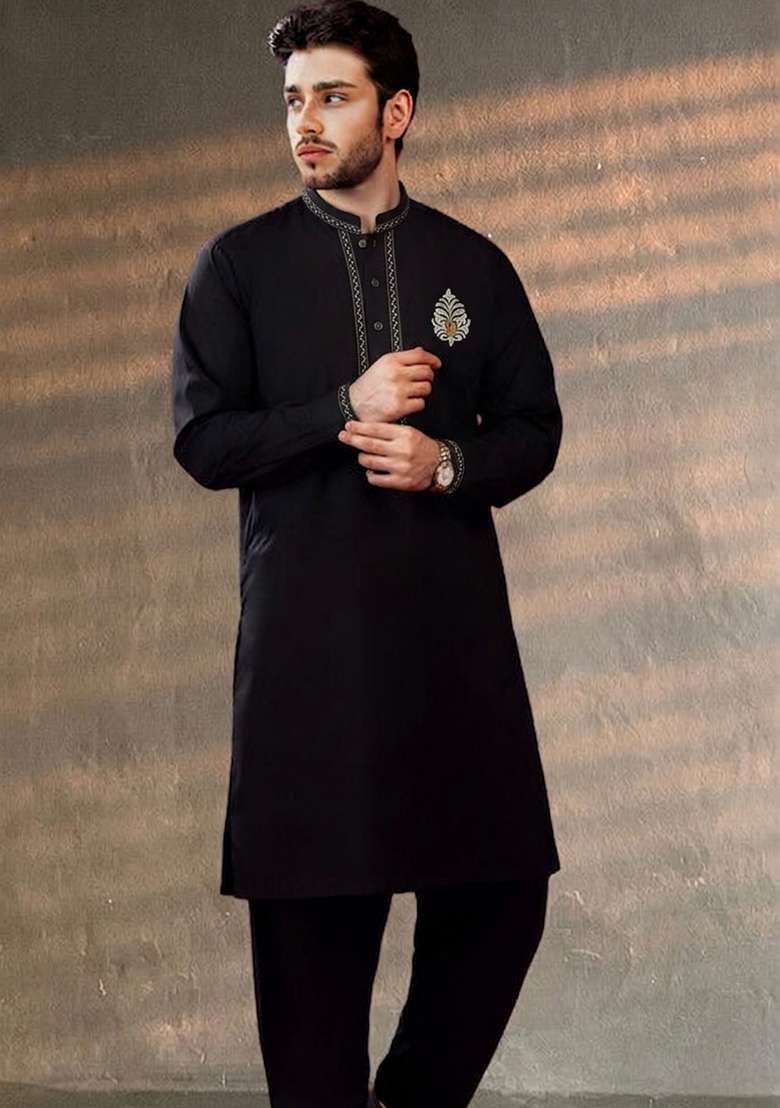 Black Embroidered Cotton Kurta Set For Men - Indya