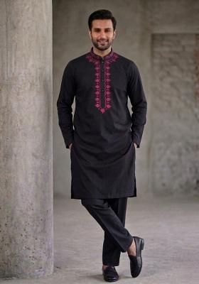 Black Embroidered Cotton Kurta Set For Men