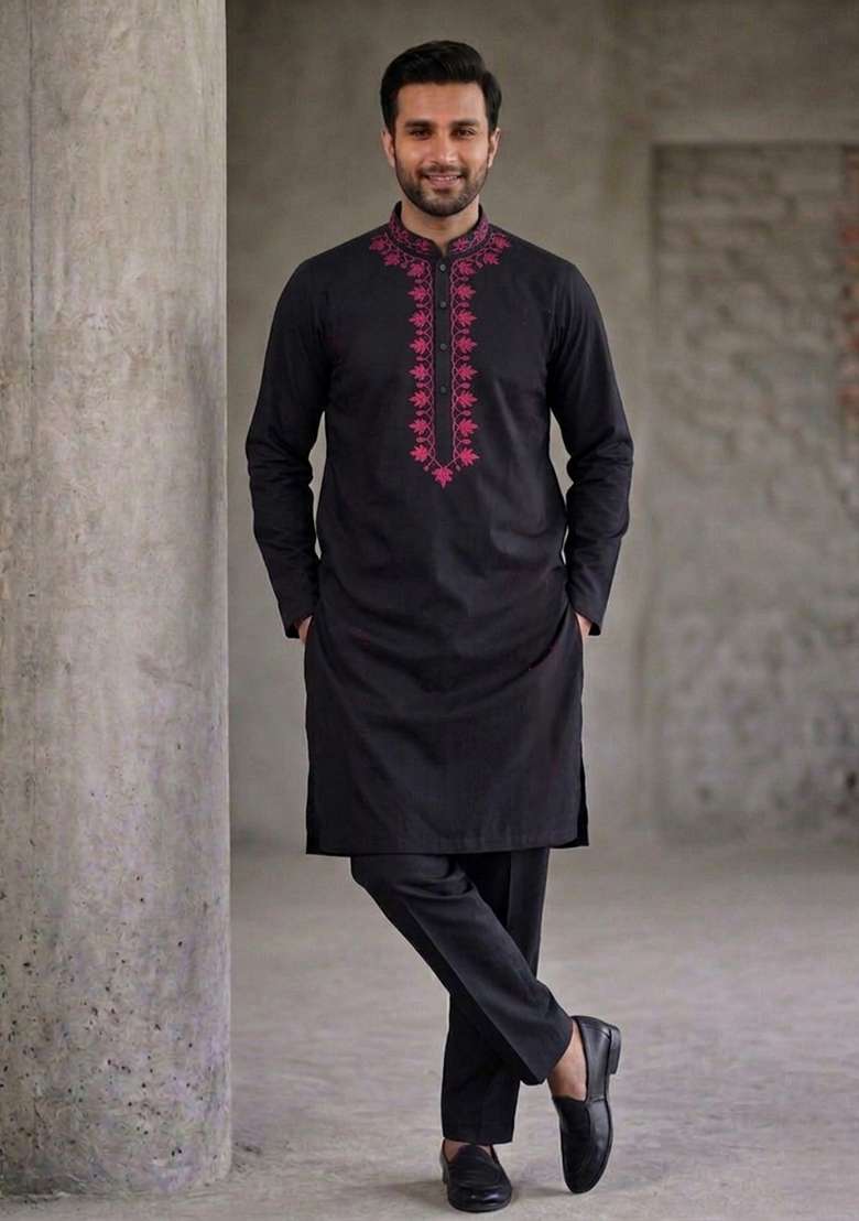 Black Embroidered Cotton Kurta Set For Men - Indya