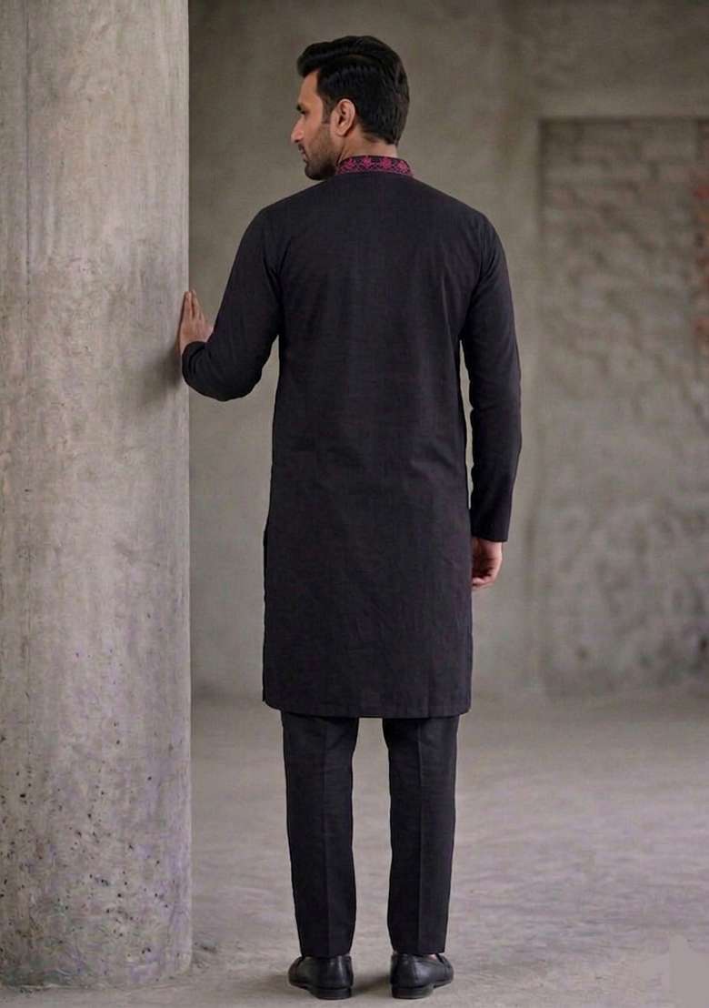 Black Embroidered Cotton Kurta Set For Men - Indya