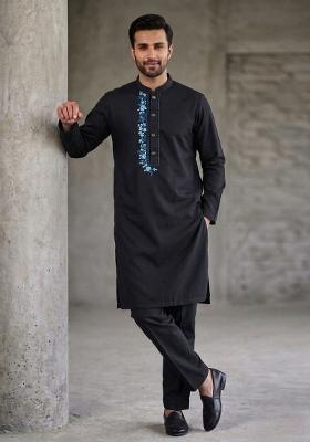 Black Embroidered Cotton Kurta Set For Men
