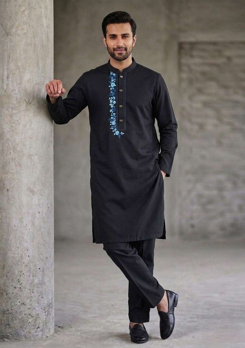 Black Embroidered Cotton Kurta Set For Men - Indya