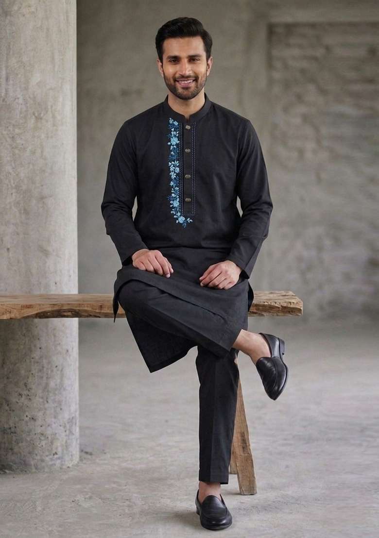 Black Embroidered Cotton Kurta Set For Men - Indya