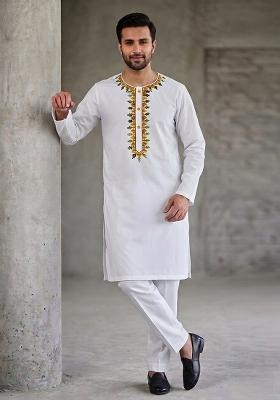 White Embroidered Cotton Kurta Set For Men