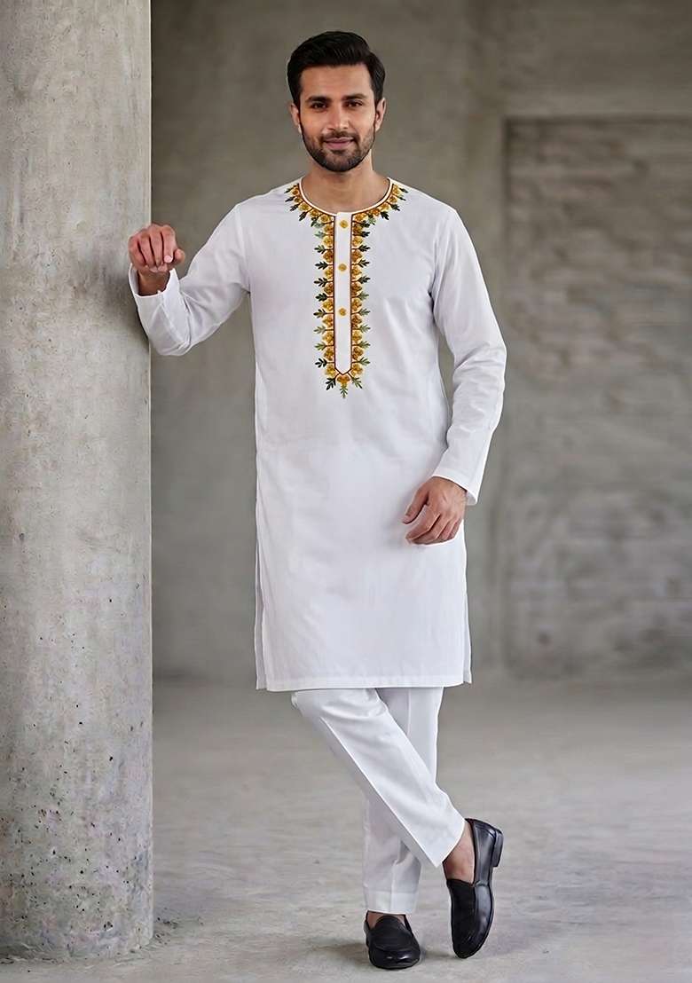 White Embroidered Cotton Kurta Set For Men - Indya