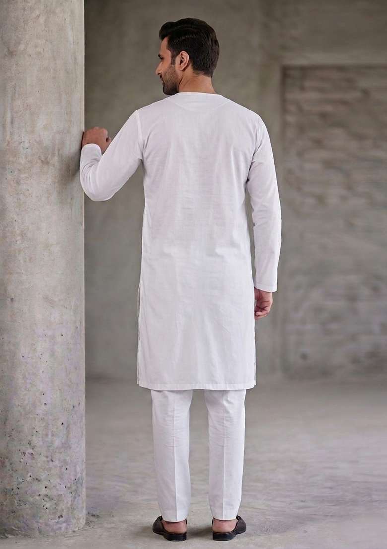 White Embroidered Cotton Kurta Set For Men - Indya