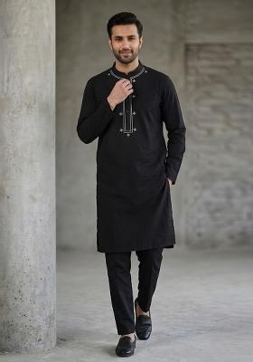 Black Embroidered Cotton Kurta Set For Men