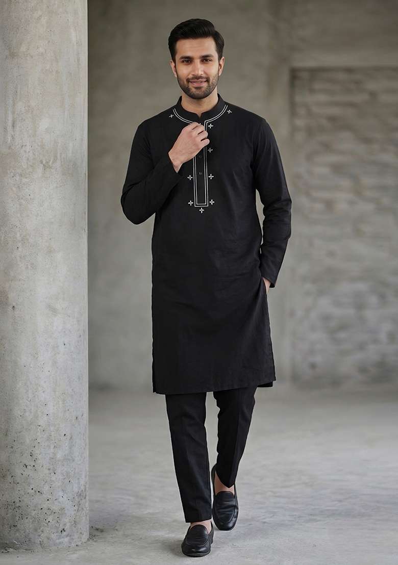 Black Embroidered Cotton Kurta Set For Men - Indya