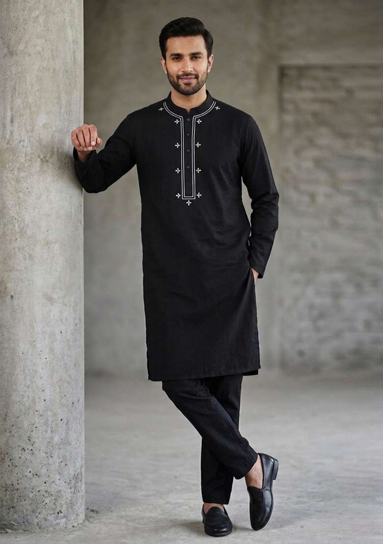 Black Embroidered Cotton Kurta Set For Men - Indya