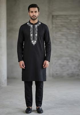 Black Embroidered Cotton Kurta Set For Men