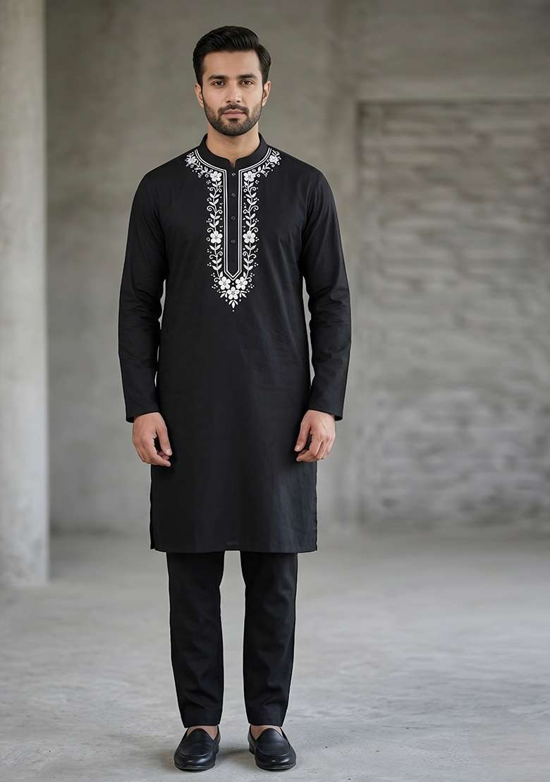 Black Embroidered Cotton Kurta Set For Men - Indya