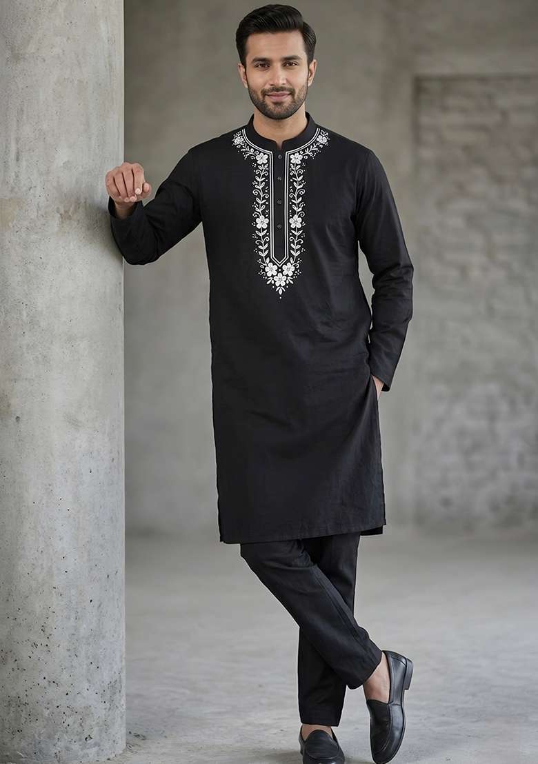 Black Embroidered Cotton Kurta Set For Men - Indya