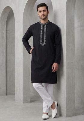 Black Embroidered Cotton Kurta Set For Men