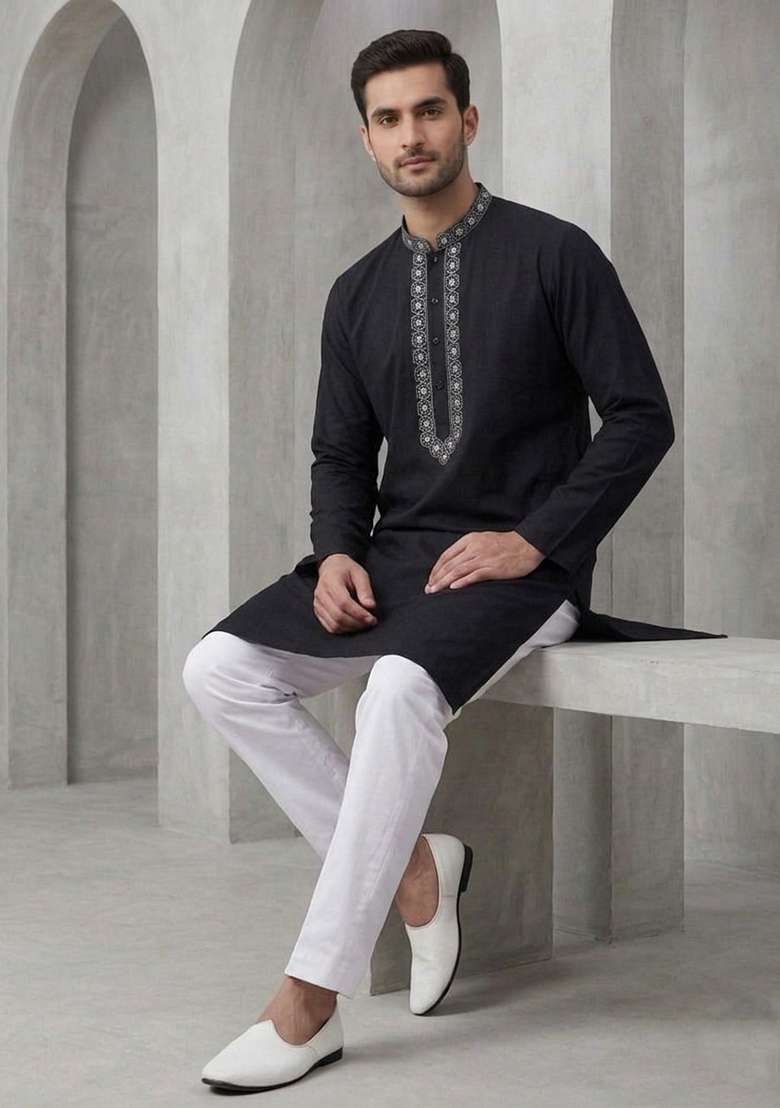 Black Embroidered Cotton Kurta Set For Men - Indya