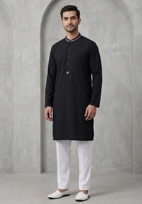 Black Embroidered Cotton Kurta Set For Men