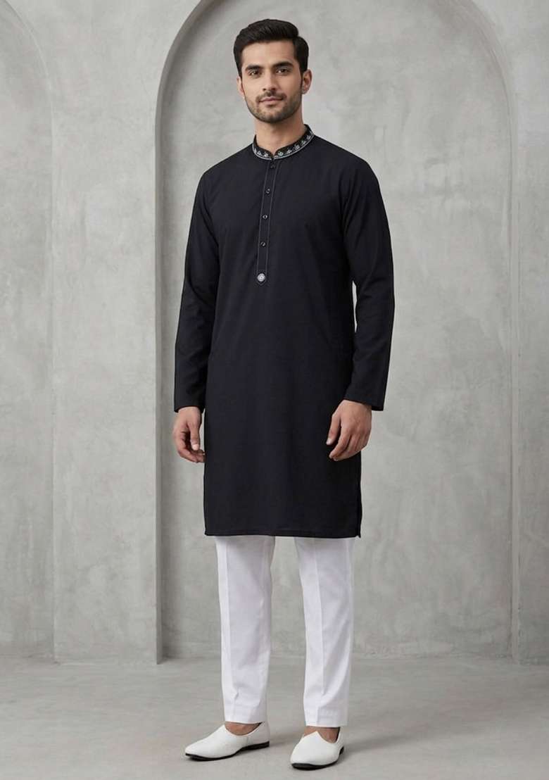 Black Embroidered Cotton Kurta Set For Men - Indya