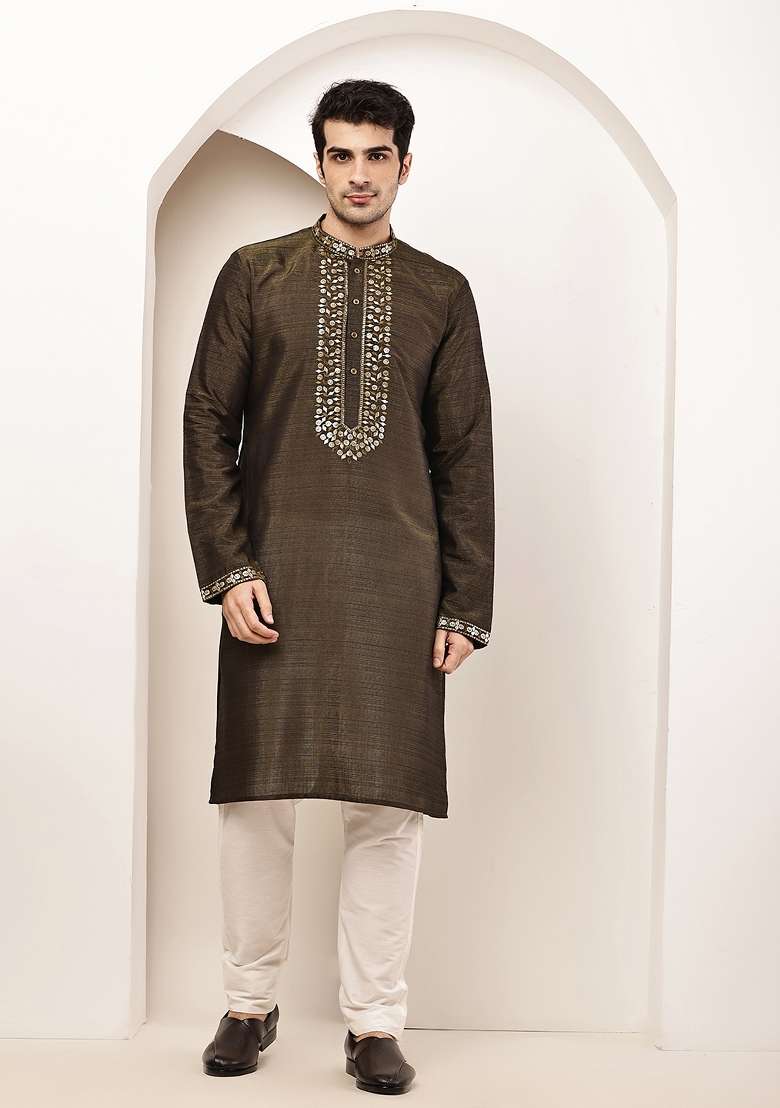 Green Embroidered Viscose Kurta Pyjama For Men - Indya