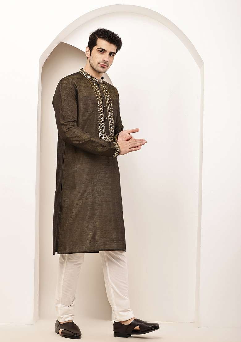 Green Embroidered Viscose Kurta Pyjama For Men - Indya