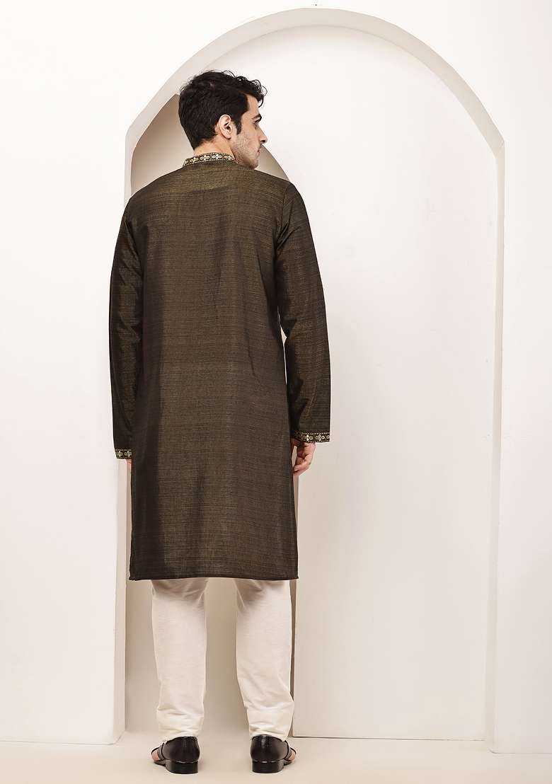 Green Embroidered Viscose Kurta Pyjama For Men - Indya