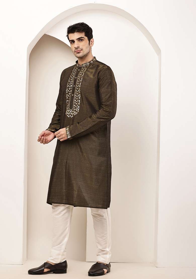 Green Embroidered Viscose Kurta Pyjama For Men - Indya