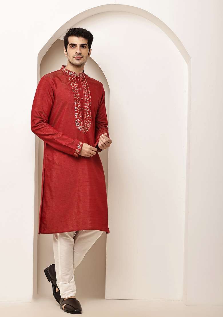 Red Embroidered Viscose Kurta Pyjama For Men - Indya