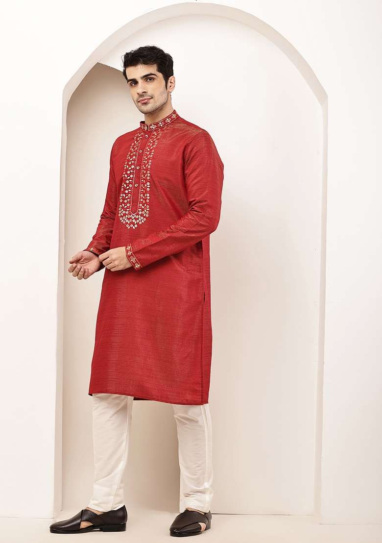 Red Embroidered Viscose Kurta Pyjama For Men - Indya