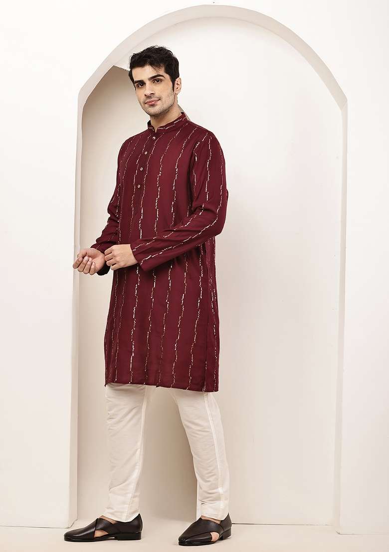 Maroon Embroidered Viscose Kurta Pyjama For Men - Indya