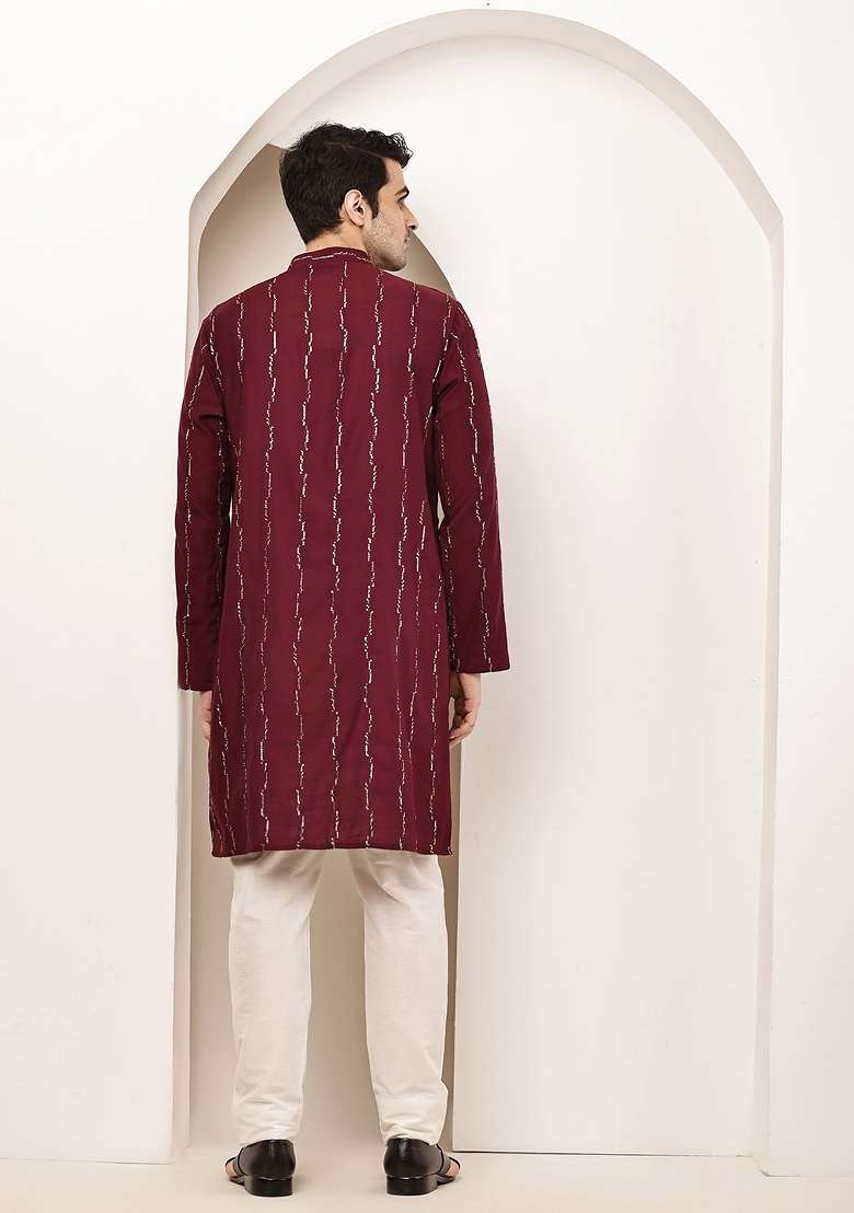 Maroon Embroidered Viscose Kurta Pyjama For Men - Indya