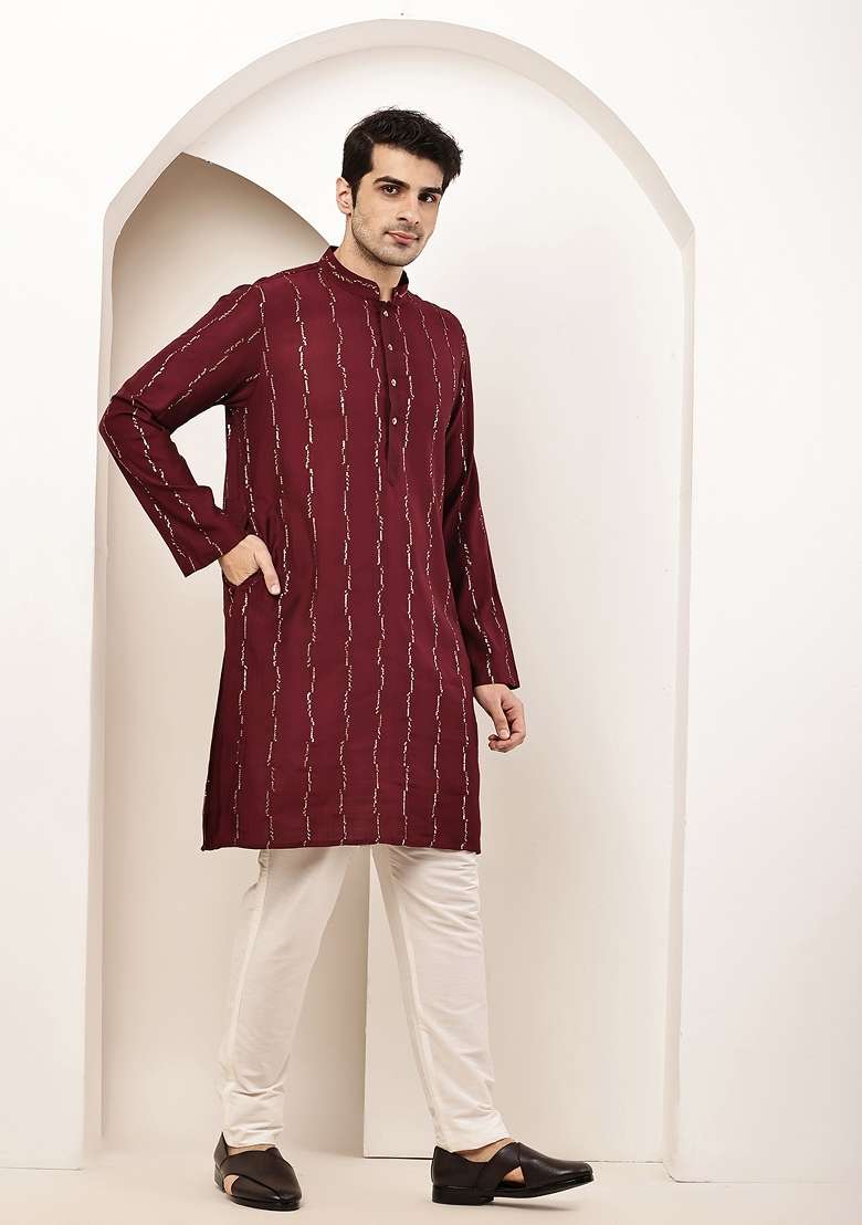 Maroon Embroidered Viscose Kurta Pyjama For Men - Indya