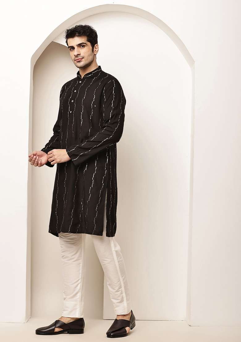 Black Embroidered Viscose Kurta Pyjama For Men - Indya