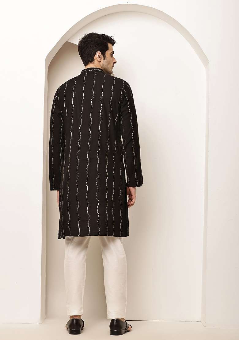 Black Embroidered Viscose Kurta Pyjama For Men - Indya