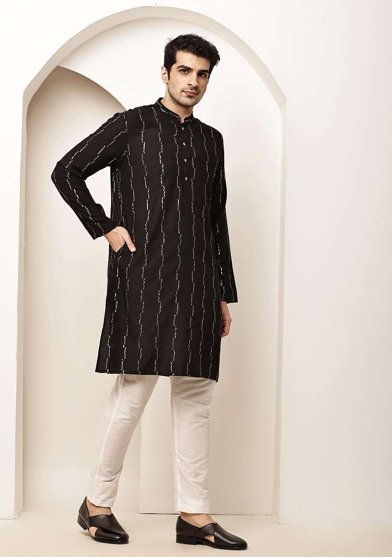 Black Embroidered Viscose Kurta Pyjama For Men - Indya