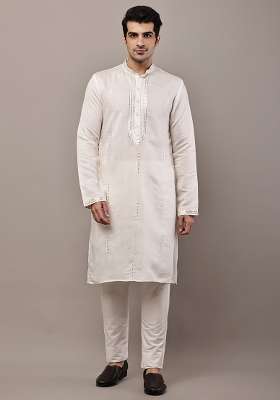 White Embroidered Viscose Kurta Pyjama For Men