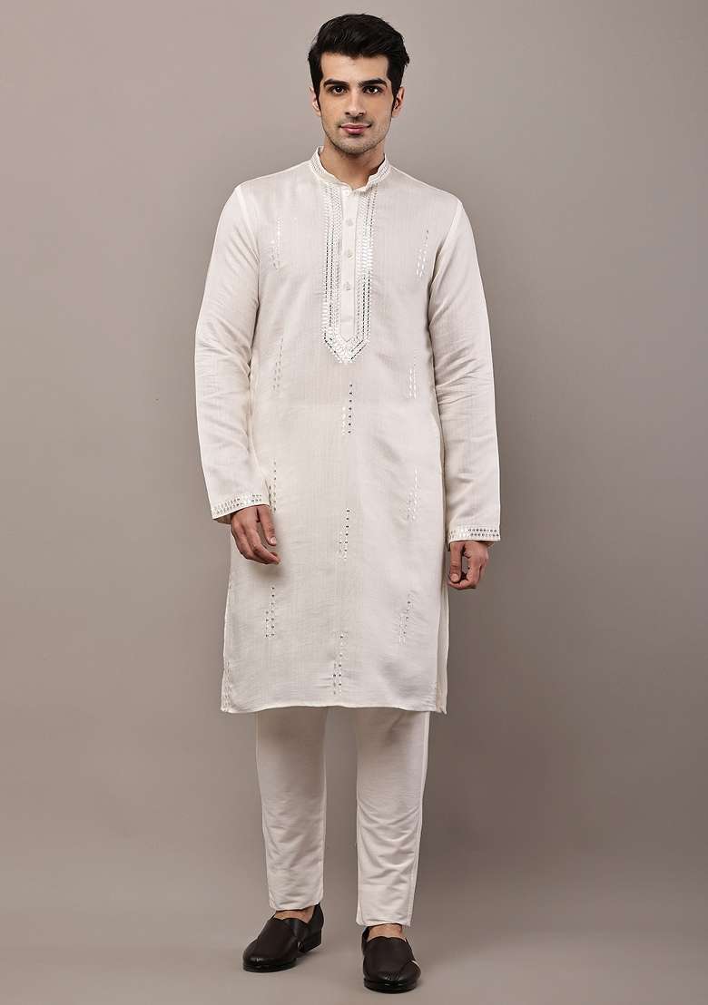 White Embroidered Viscose Kurta Pyjama For Men - Indya
