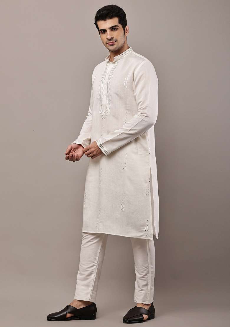 White Embroidered Viscose Kurta Pyjama For Men - Indya