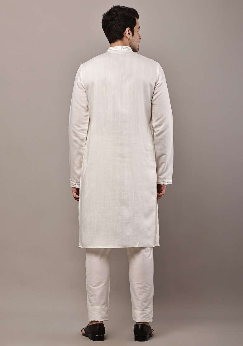 White Embroidered Viscose Kurta Pyjama For Men - Indya