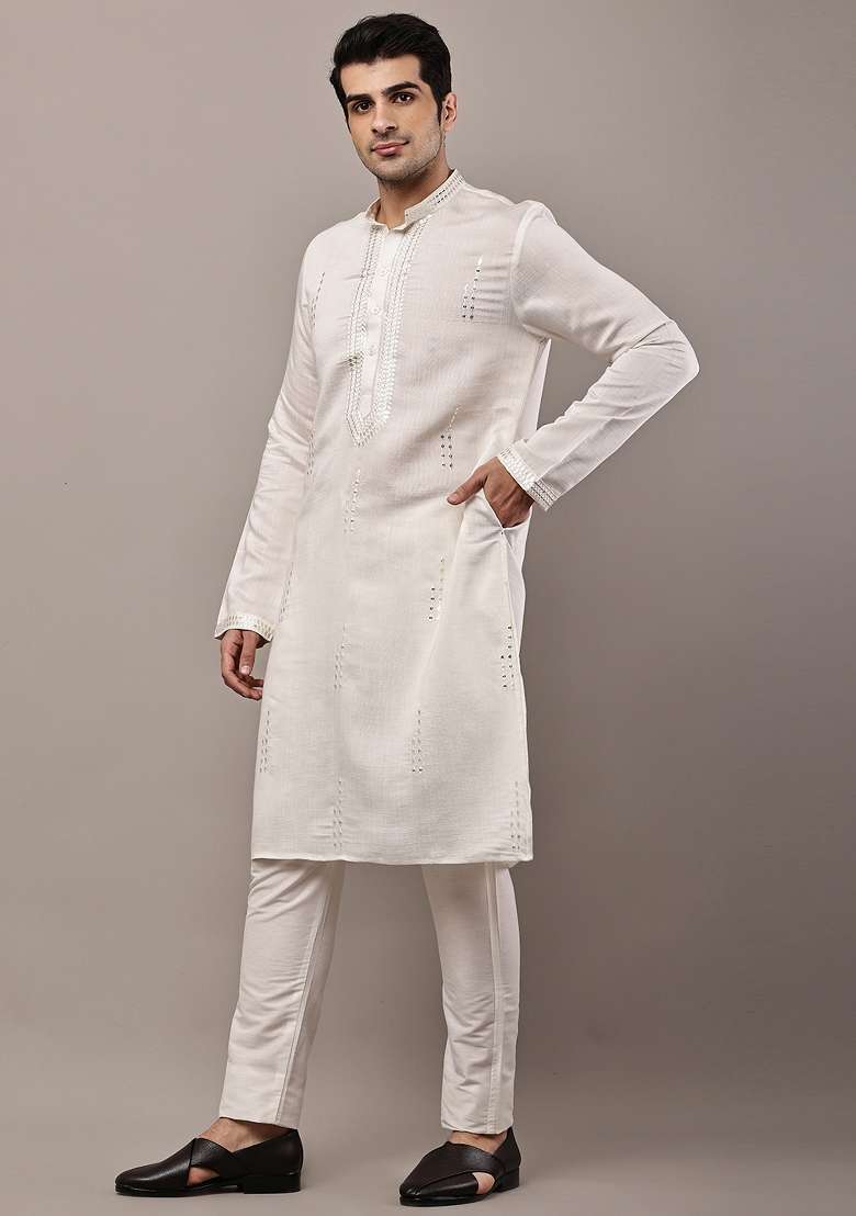 White Embroidered Viscose Kurta Pyjama For Men - Indya