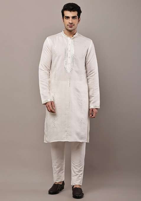 White Embroidered Viscose Kurta Pyjama For Men