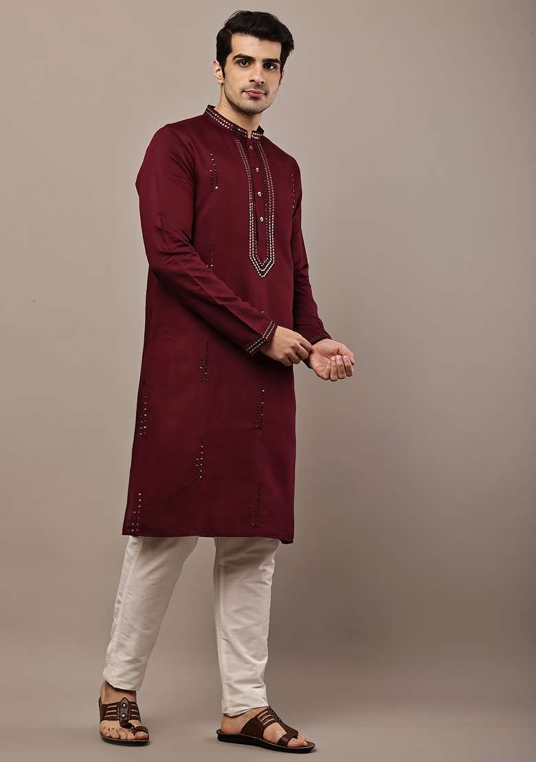 Maroon Embroidered Viscose Kurta Pyjama For Men - Indya