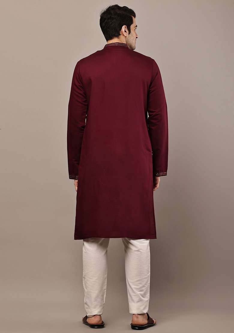 Maroon Embroidered Viscose Kurta Pyjama For Men - Indya