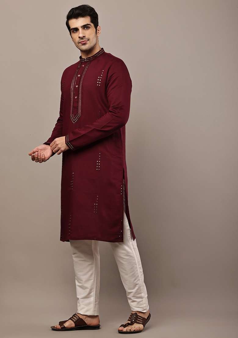 Maroon Embroidered Viscose Kurta Pyjama For Men - Indya