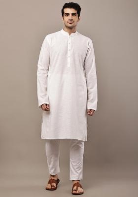 White Embroidered Cotton Kurta Pyjama For Men