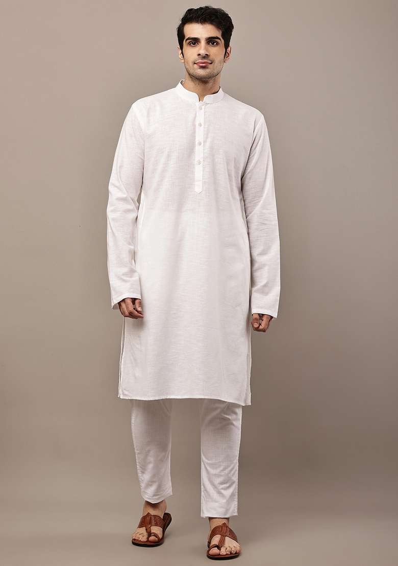 White Embroidered Cotton Kurta Pyjama For Men - Indya