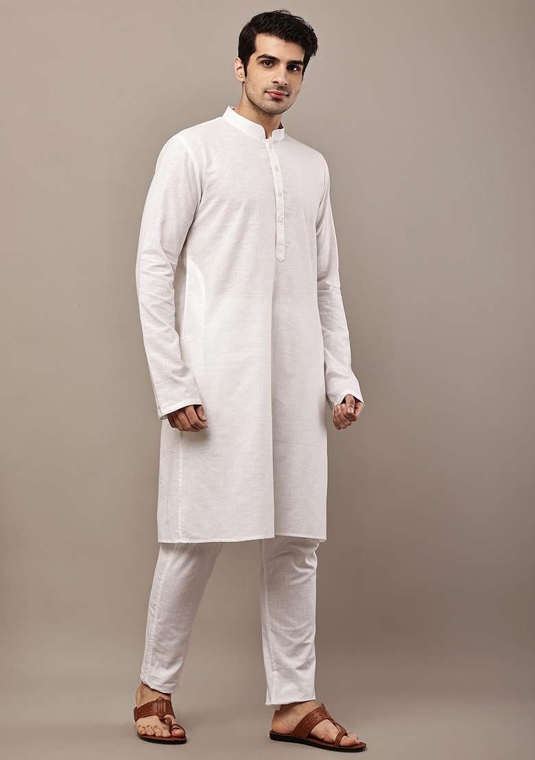 White Embroidered Cotton Kurta Pyjama For Men - Indya
