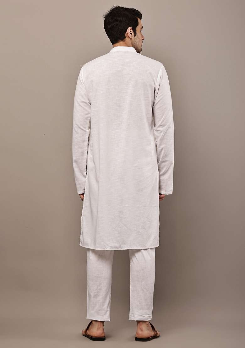 White Embroidered Cotton Kurta Pyjama For Men - Indya