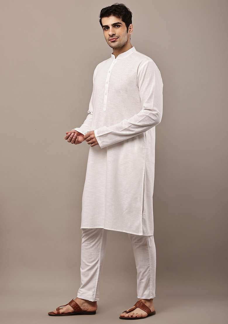 White Embroidered Cotton Kurta Pyjama For Men - Indya
