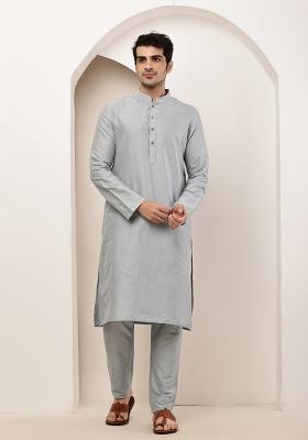 Blue Embroidered Viscose Kurta Pyjama For Men
