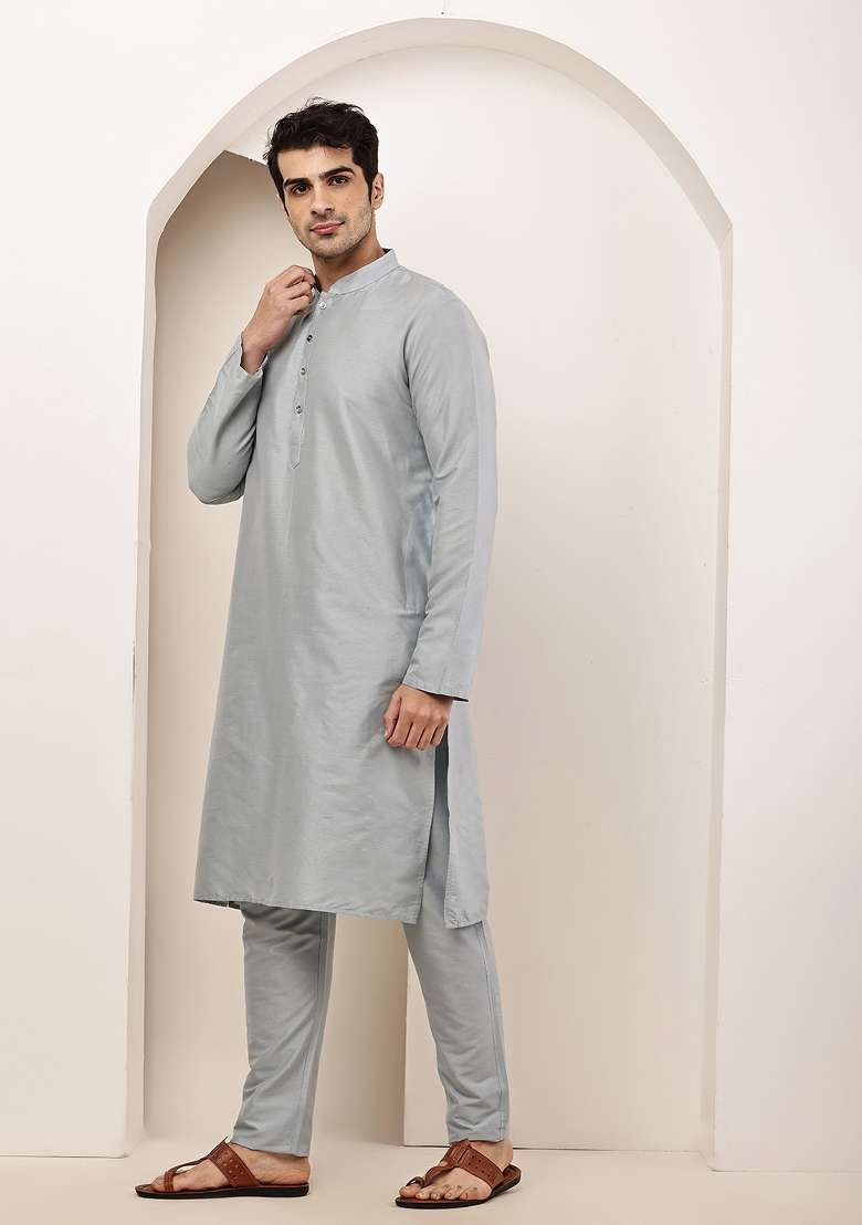 Blue Embroidered Viscose Kurta Pyjama For Men - Indya