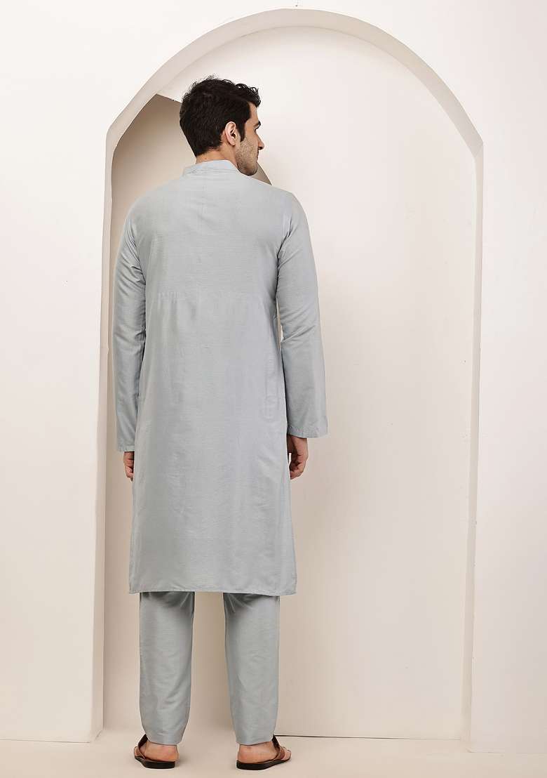 Blue Embroidered Viscose Kurta Pyjama For Men - Indya